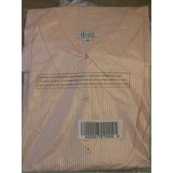 Denim & Co Women 2X Button Front Long Top Peach White Stripe Roll Tab Sleeve NWT - Picture 3 of 7